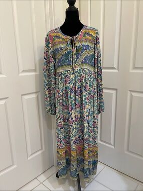 Bohemian Floral Maxi Dress with Tie Neck - Multicolor NWT Size S